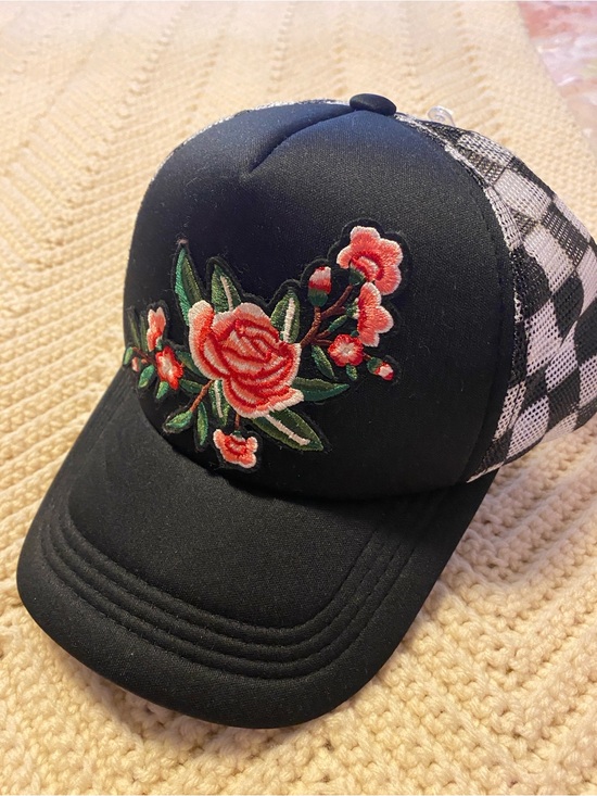 Handmade Accessories - Black Floral Embroidered Trucker Hat